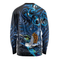 Aotearoa Matariki Long Sleeve Shirt Maori Tribal with Silver Fern and Tui Bird Galaxy Style - Polynesian Pride