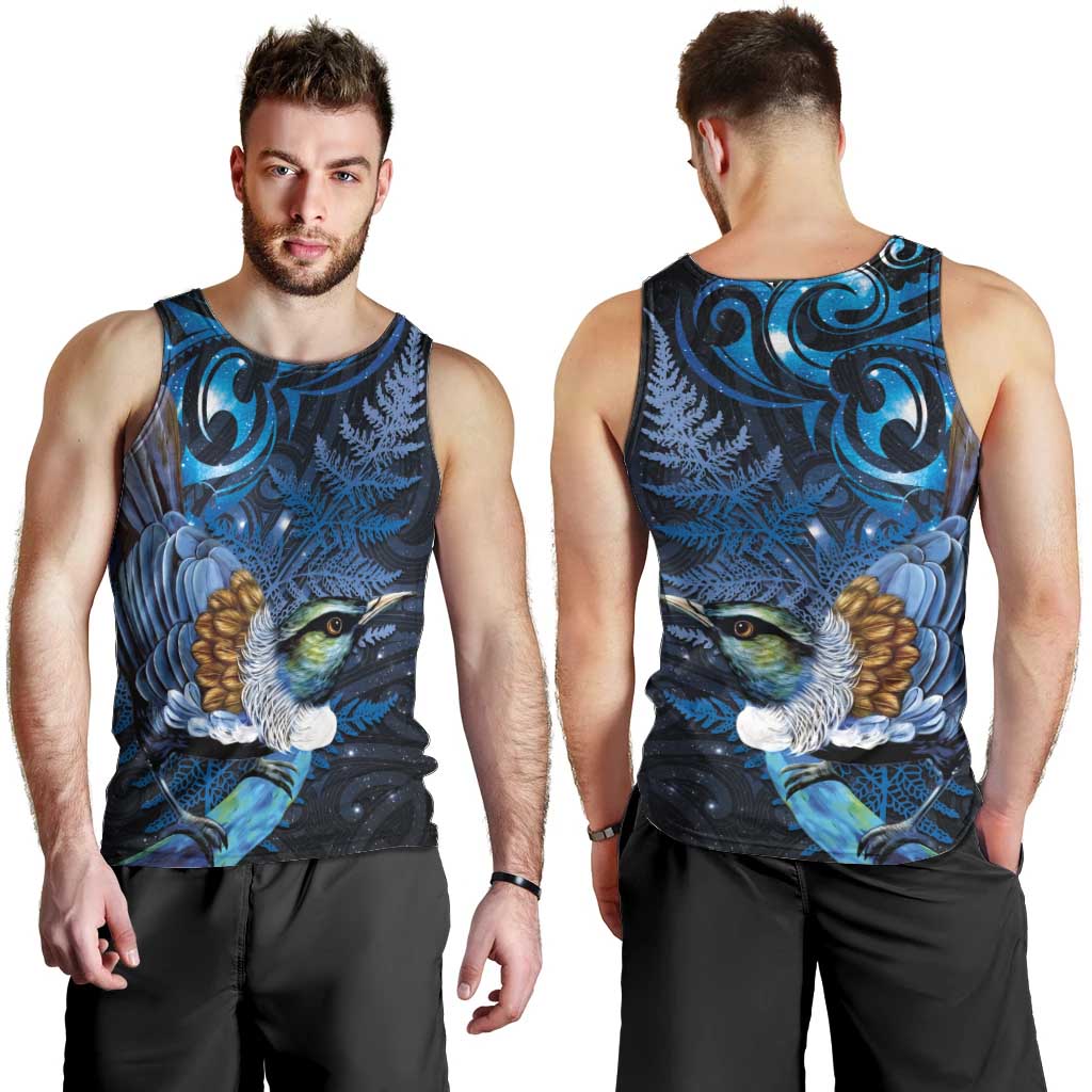 Aotearoa Matariki Men Tank Top Maori Tribal with Silver Fern and Tui Bird Galaxy Style - Polynesian Pride