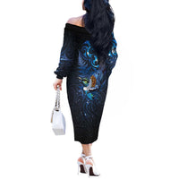 Aotearoa Matariki Off The Shoulder Long Sleeve Dress Maori Tribal with Silver Fern and Tui Bird Galaxy Style - Polynesian Pride