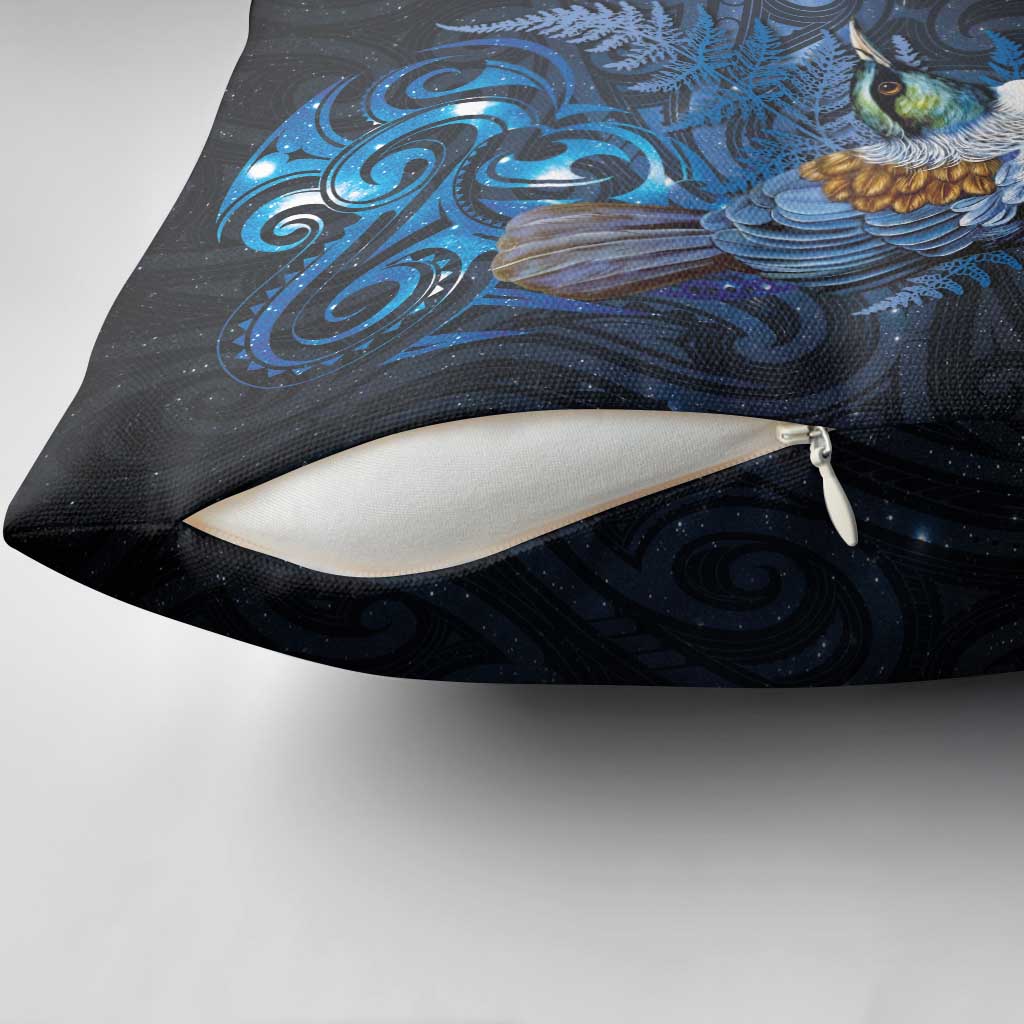 Aotearoa Matariki Pillow Cover Maori Tribal with Silver Fern and Tui Bird Galaxy Style - Polynesian Pride