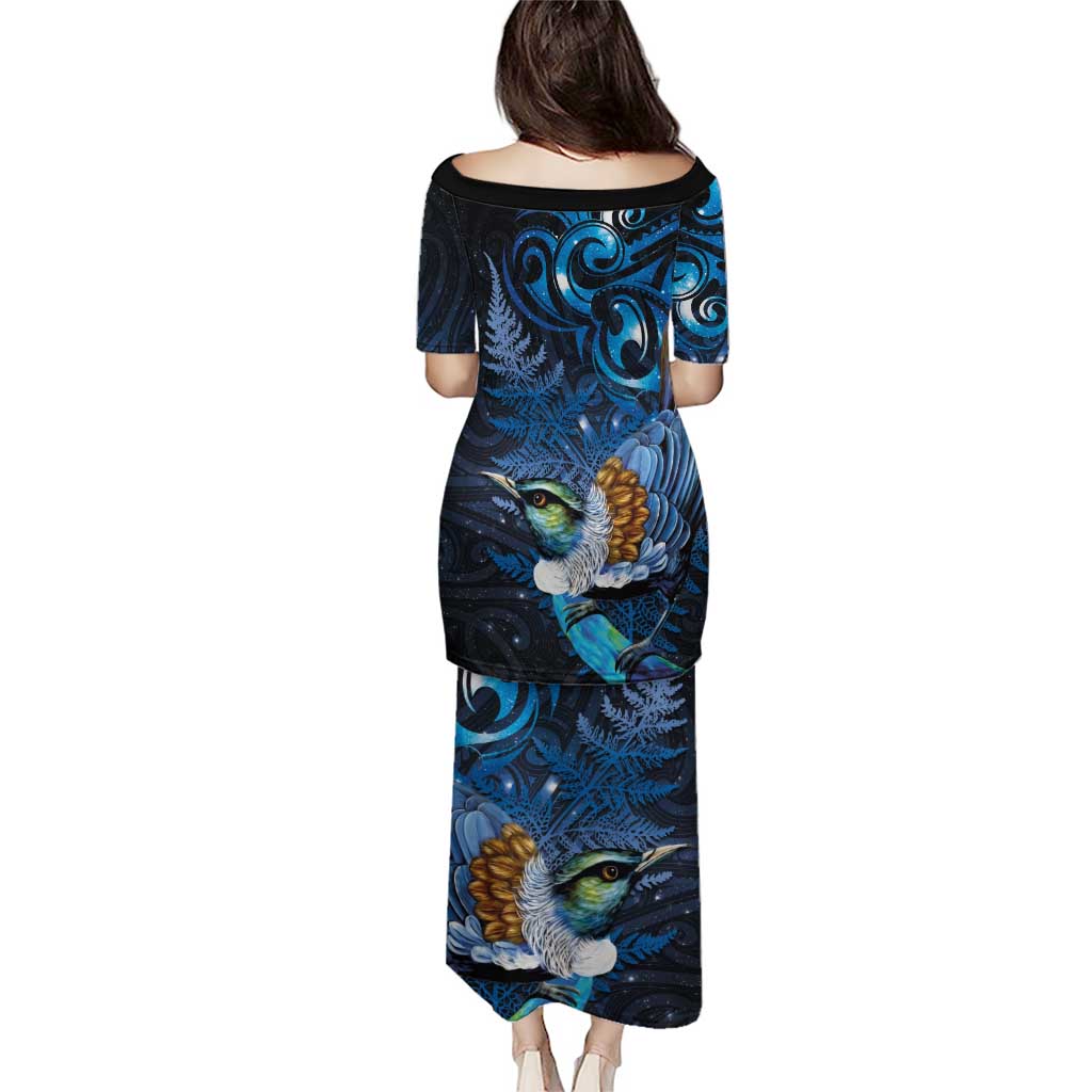 Aotearoa Matariki Puletasi Maori Tribal with Silver Fern and Tui Bird Galaxy Style - Polynesian Pride