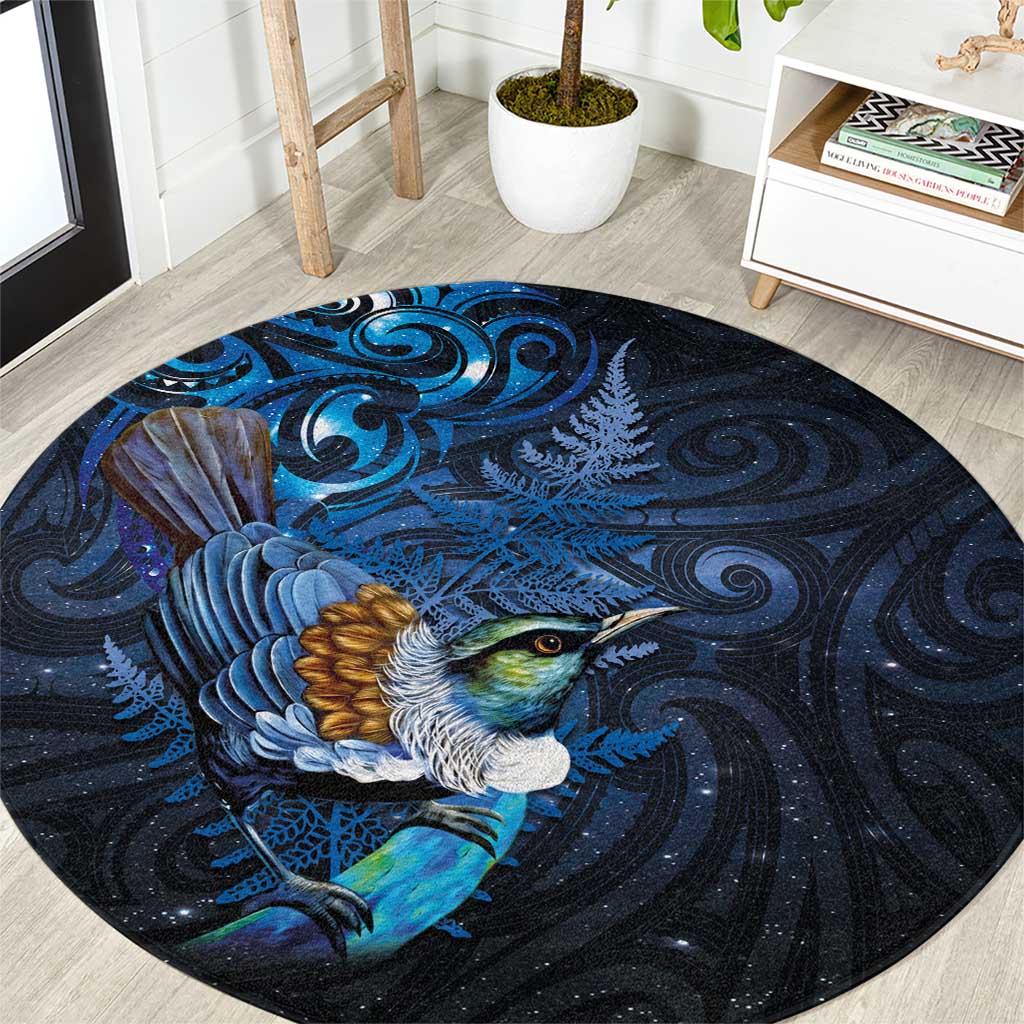 Aotearoa Matariki Round Carpet Maori Tribal with Silver Fern and Tui Bird Galaxy Style - Polynesian Pride