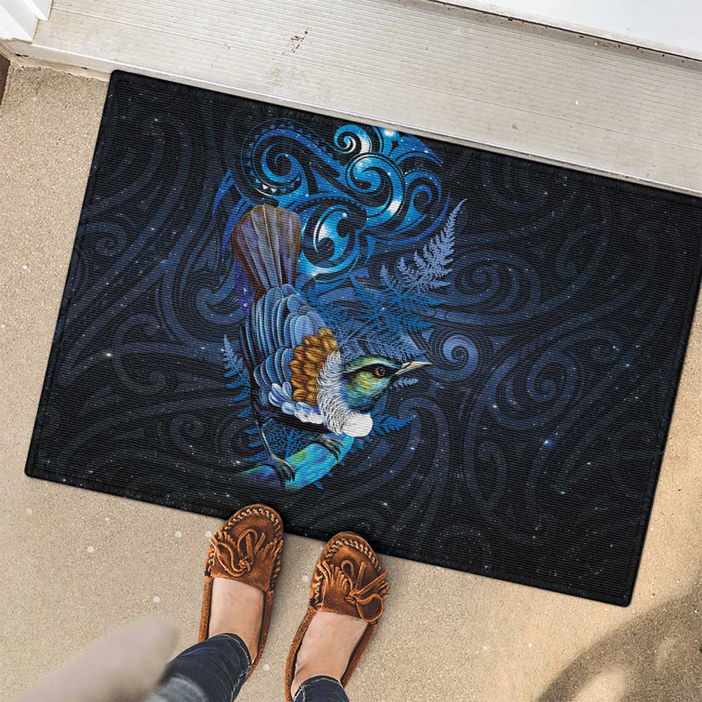 Aotearoa Matariki Rubber Doormat Maori Tribal with Silver Fern and Tui Bird Galaxy Style - Polynesian Pride