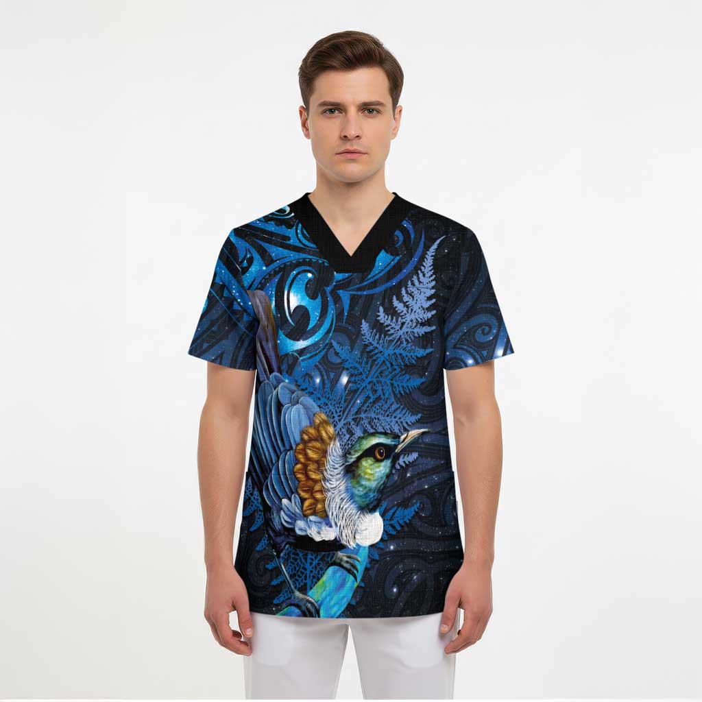 Aotearoa Matariki Scrub Top Maori Tribal with Silver Fern and Tui Bird Galaxy Style - Polynesian Pride