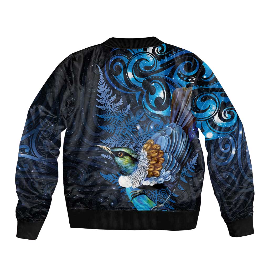 Aotearoa Matariki Sleeve Zip Bomber Jacket Maori Tribal with Silver Fern and Tui Bird Galaxy Style - Polynesian Pride
