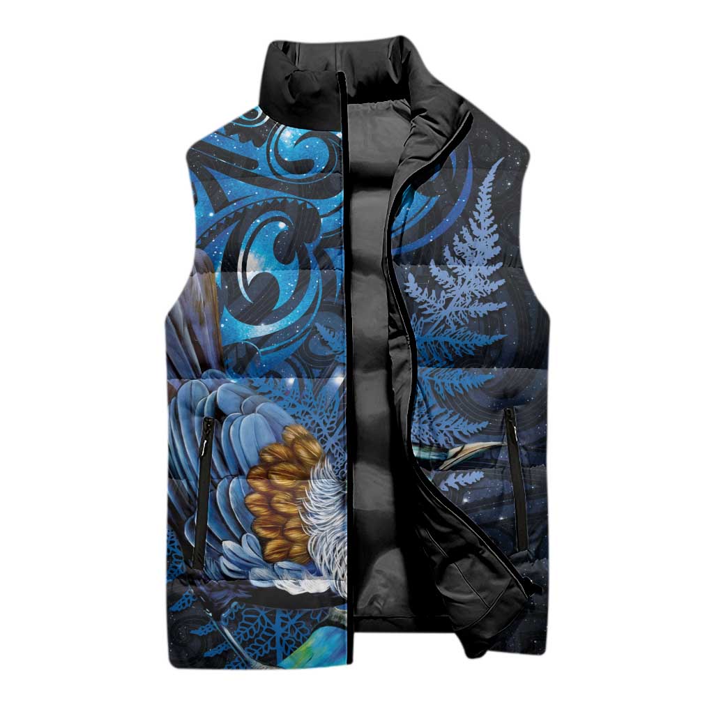 Aotearoa Matariki Sleeveless Puffer Jacket Maori Tribal with Silver Fern and Tui Bird Galaxy Style - Polynesian Pride