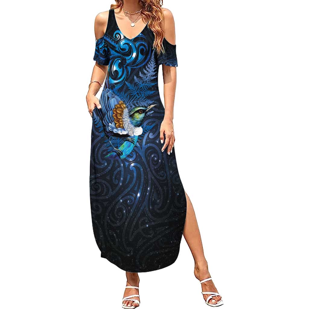 Aotearoa Matariki Summer Maxi Dress Maori Tribal with Silver Fern and Tui Bird Galaxy Style - Polynesian Pride