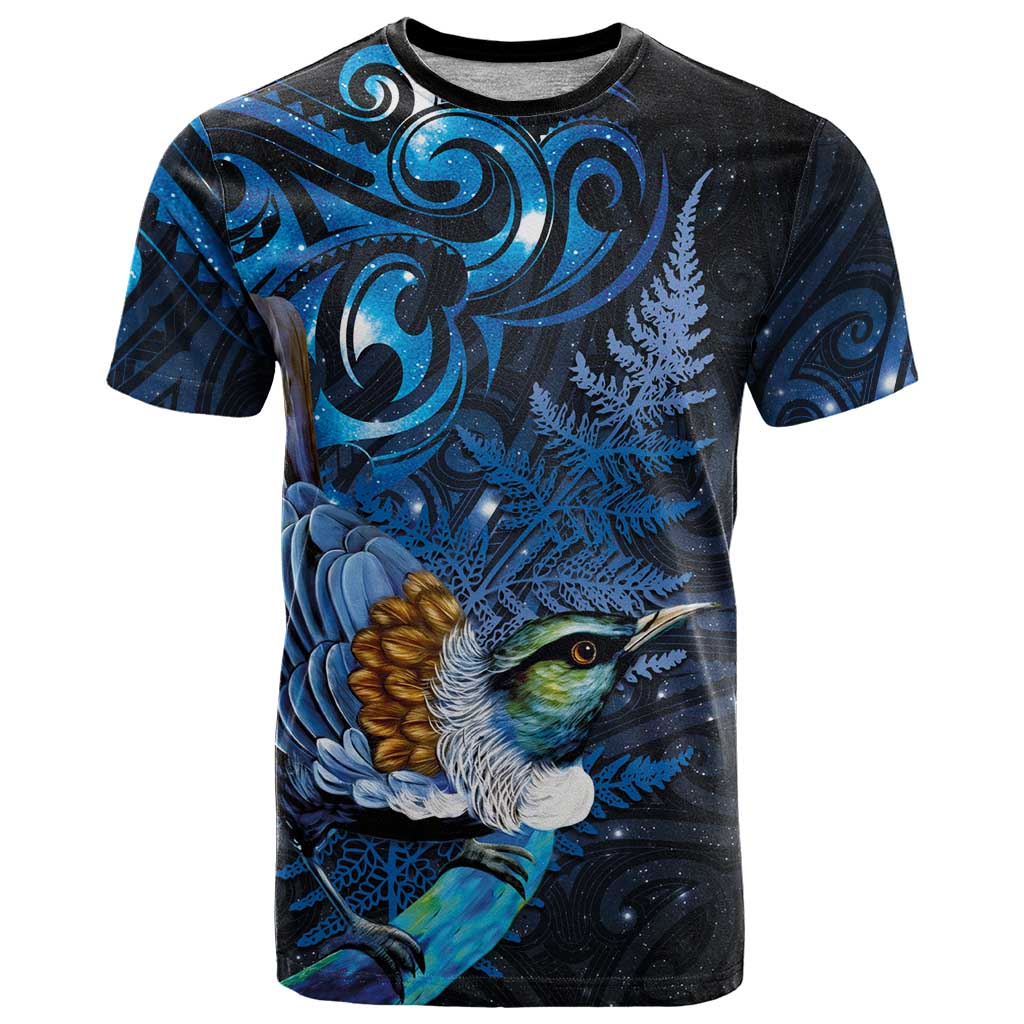 Aotearoa Matariki T Shirt Maori Tribal with Silver Fern and Tui Bird Galaxy Style - Polynesian Pride