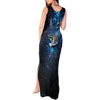 Aotearoa Matariki Tank Maxi Dress Maori Tribal with Silver Fern and Tui Bird Galaxy Style - Polynesian Pride