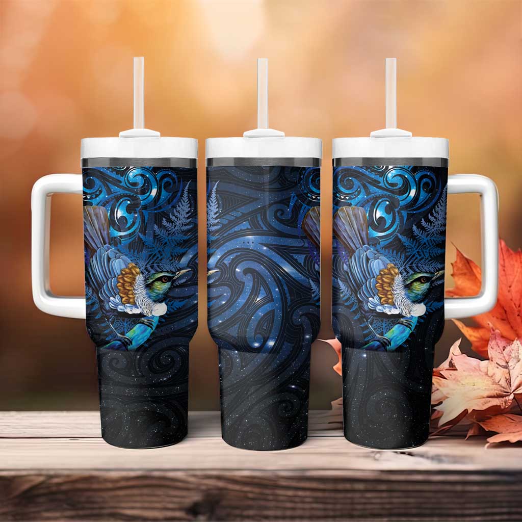 Aotearoa Matariki Tumbler With Handle Maori Tribal with Silver Fern and Tui Bird Galaxy Style - Polynesian Pride