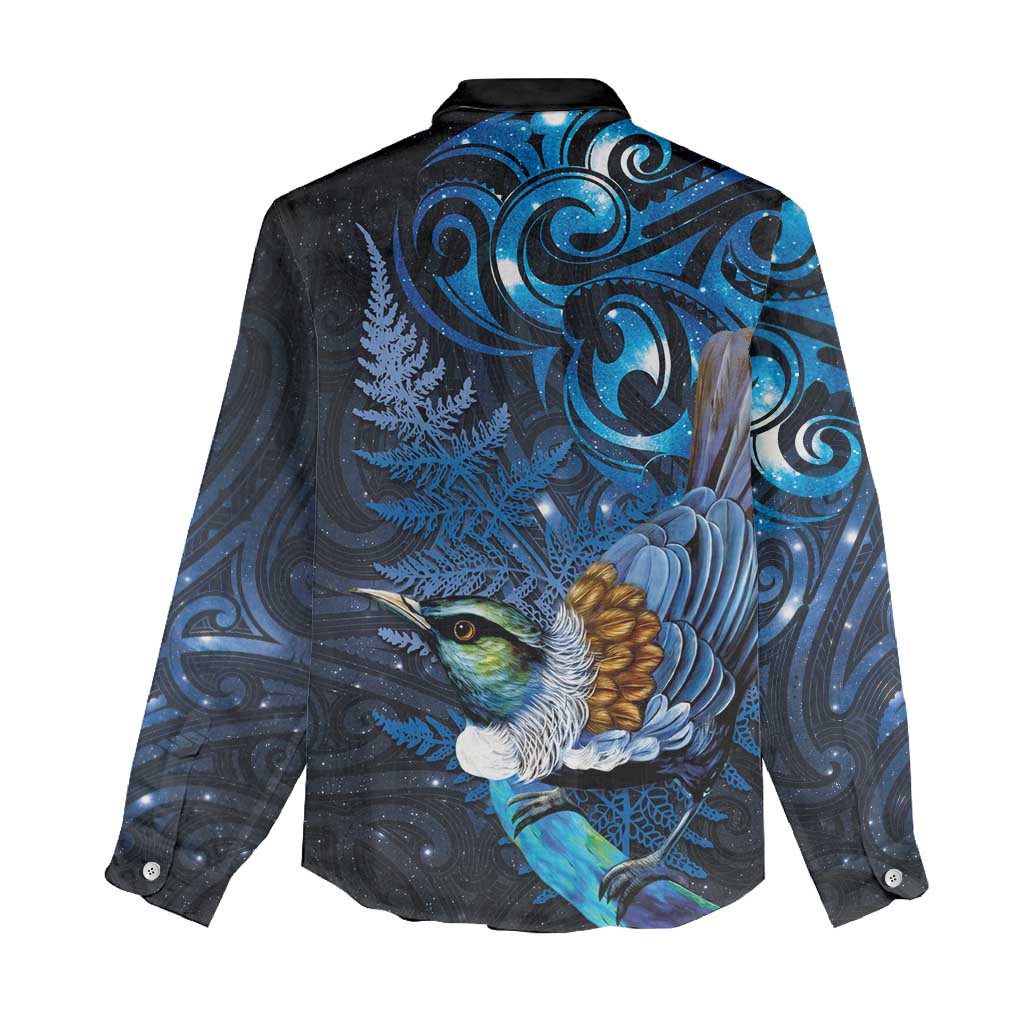 Aotearoa Matariki Women Casual Shirt Maori Tribal with Silver Fern and Tui Bird Galaxy Style - Polynesian Pride