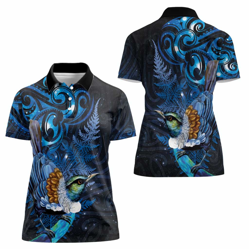 Aotearoa Matariki Women Polo Shirt Maori Tribal with Silver Fern and Tui Bird Galaxy Style - Polynesian Pride