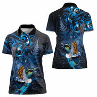 Aotearoa Matariki Women Polo Shirt Maori Tribal with Silver Fern and Tui Bird Galaxy Style - Polynesian Pride