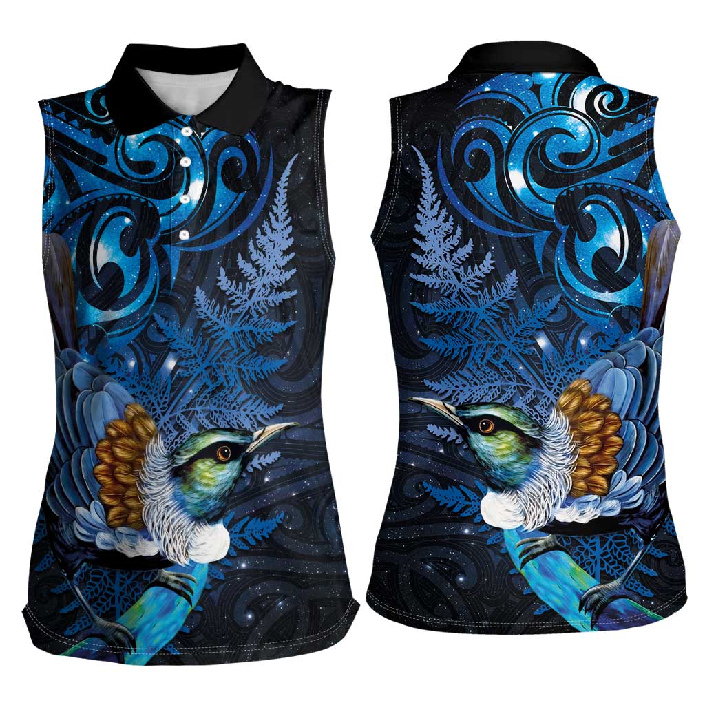 Aotearoa Matariki Women Sleeveless Polo Shirt Maori Tribal with Silver Fern and Tui Bird Galaxy Style - Polynesian Pride