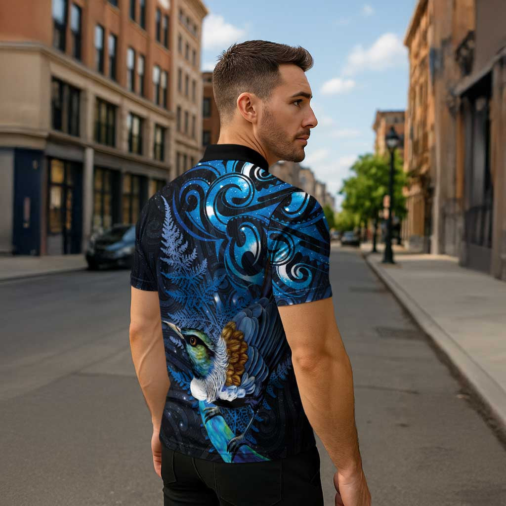 Aotearoa Matariki Zipper Polo Shirt Maori Tribal with Silver Fern and Tui Bird Galaxy Style - Polynesian Pride