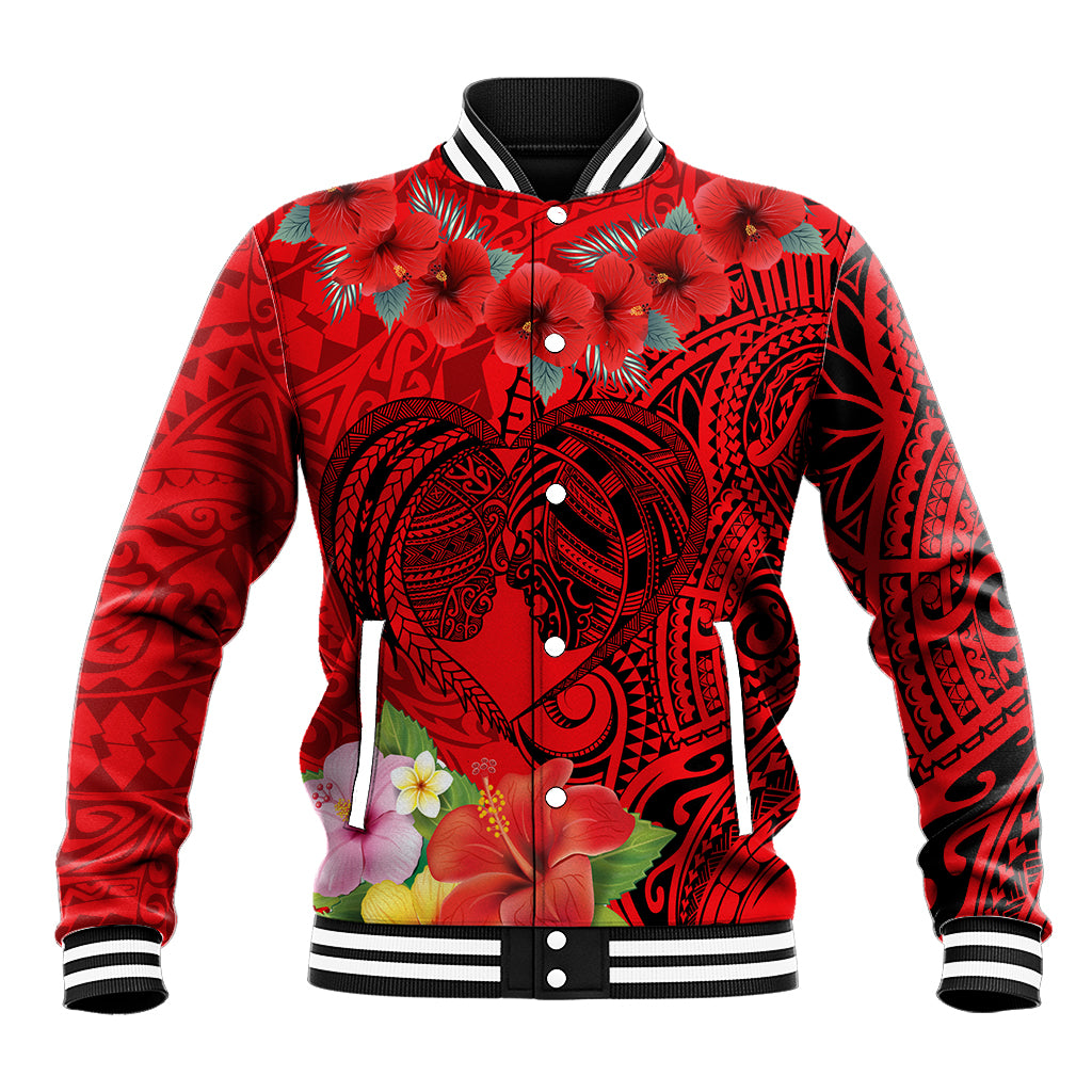Personalised Hawaii Valentine Day Baseball Jacket Couple Love Heart mix Hibiscus and Polynesian Tattoo LT03 Unisex Red - Polynesian Pride