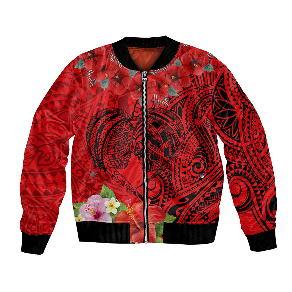 Personalised Hawaii Valentine Day Bomber Jacket Couple Love Heart mix Hibiscus and Polynesian Tattoo LT03 Unisex Red - Polynesian Pride