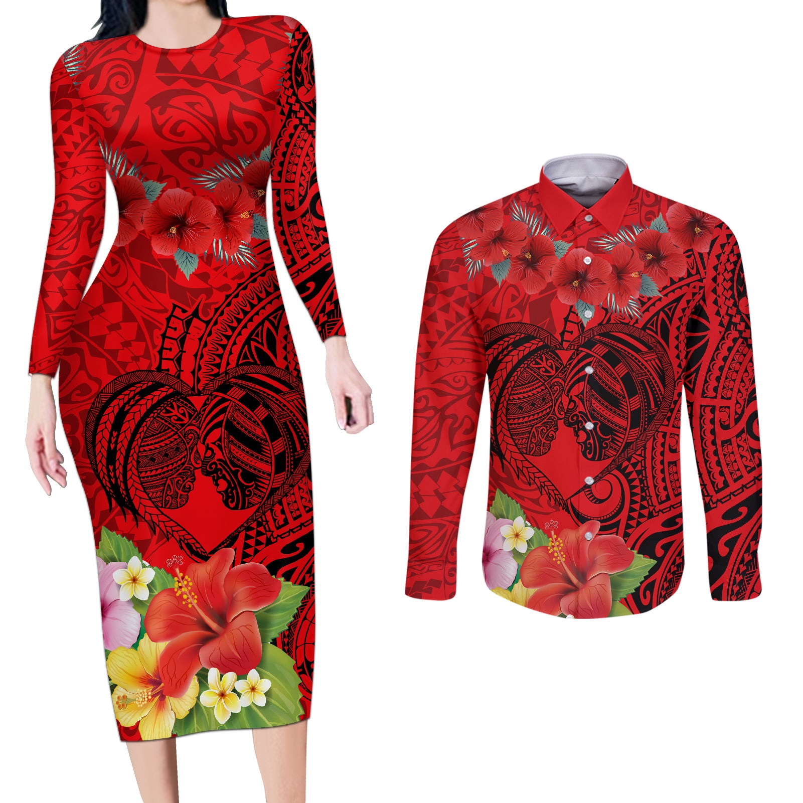 Personalised Hawaii Valentine Day Couples Matching Long Sleeve Bodycon Dress and Long Sleeve Button Shirt Couple Love Heart mix Hibiscus and Polynesian Tattoo LT03 Red - Polynesian Pride