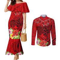 Personalised Hawaii Valentine Day Couples Matching Mermaid Dress and Long Sleeve Button Shirt Couple Love Heart mix Hibiscus and Polynesian Tattoo LT03 Red - Polynesian Pride