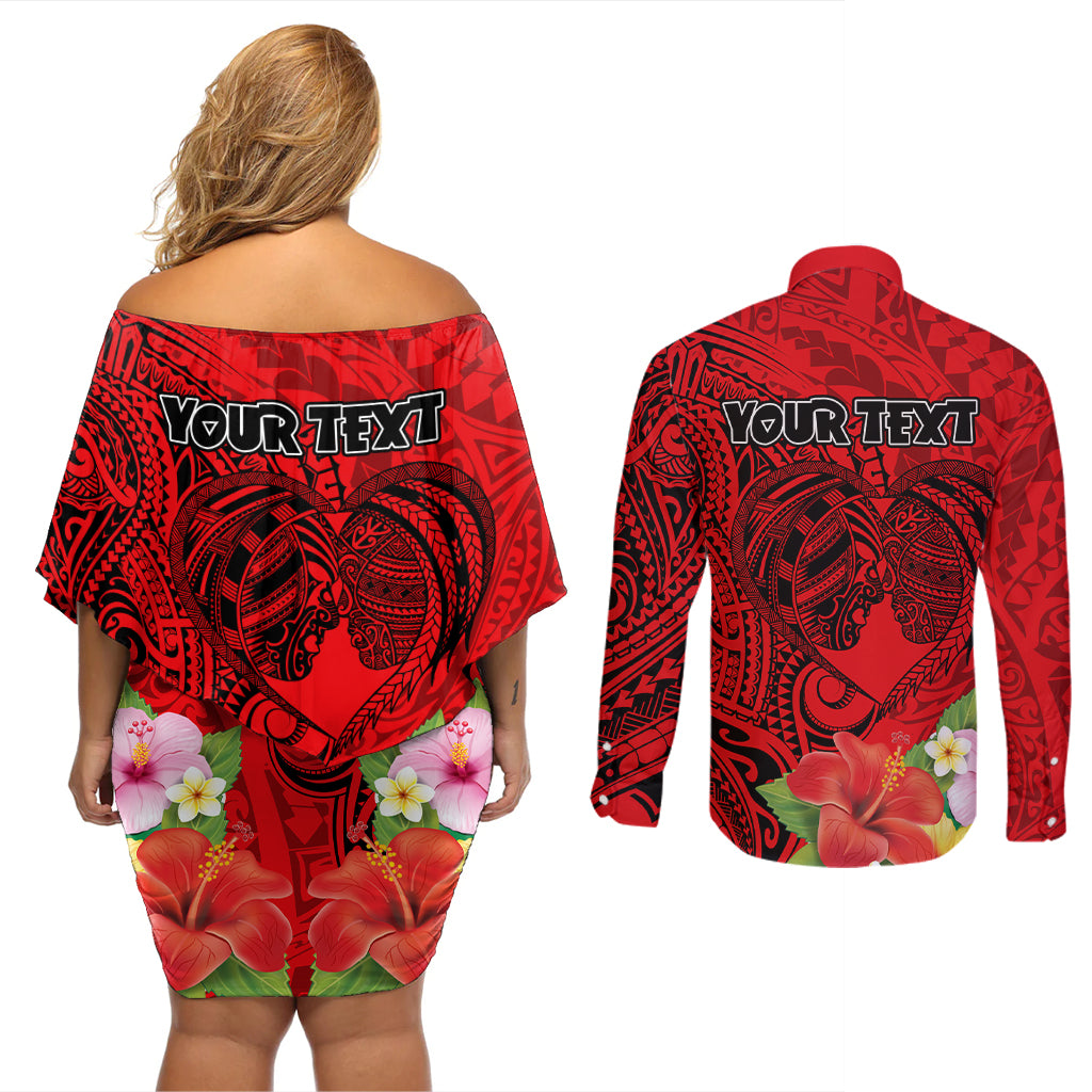 Personalised Hawaii Valentine Day Couples Matching Off Shoulder Short Dress and Long Sleeve Button Shirt Couple Love Heart mix Hibiscus and Polynesian Tattoo LT03 - Polynesian Pride