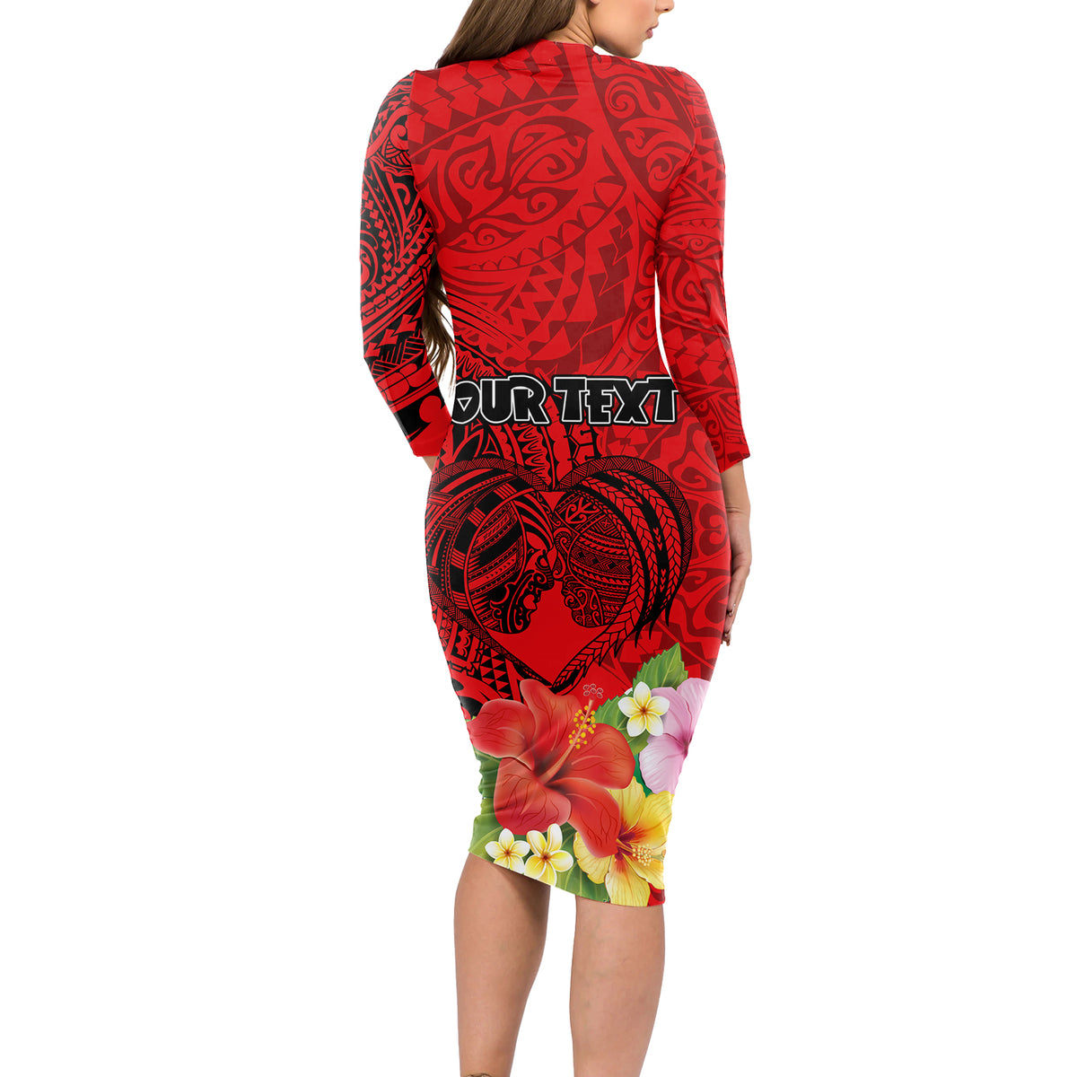 Personalised Hawaii Valentine Day Long Sleeve Bodycon Dress Couple Love Heart mix Hibiscus and Polynesian Tattoo LT03 - Polynesian Pride