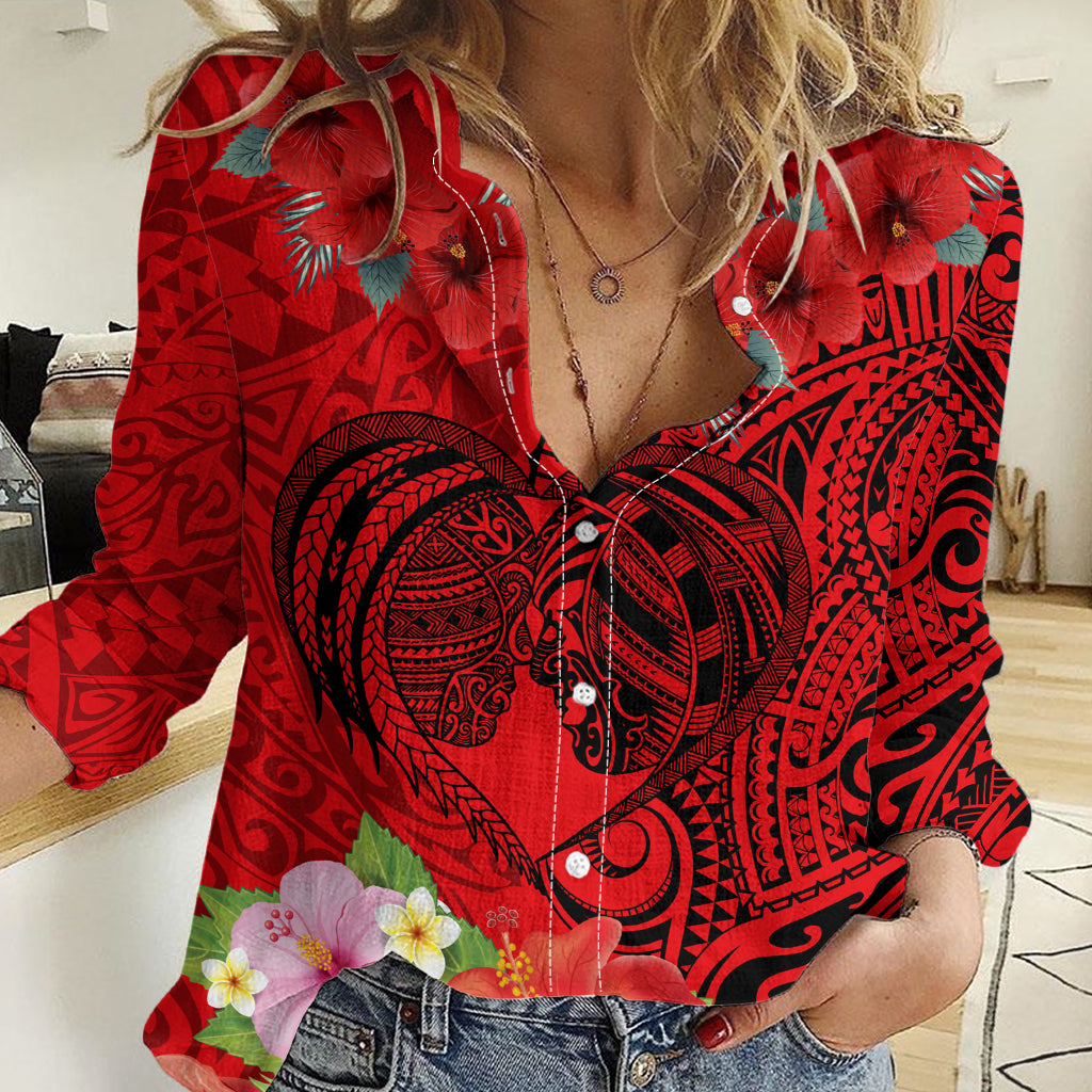 Personalised Hawaii Valentine Day Women Casual Shirt Couple Love Heart mix Hibiscus and Polynesian Tattoo LT03 Female Red - Polynesian Pride