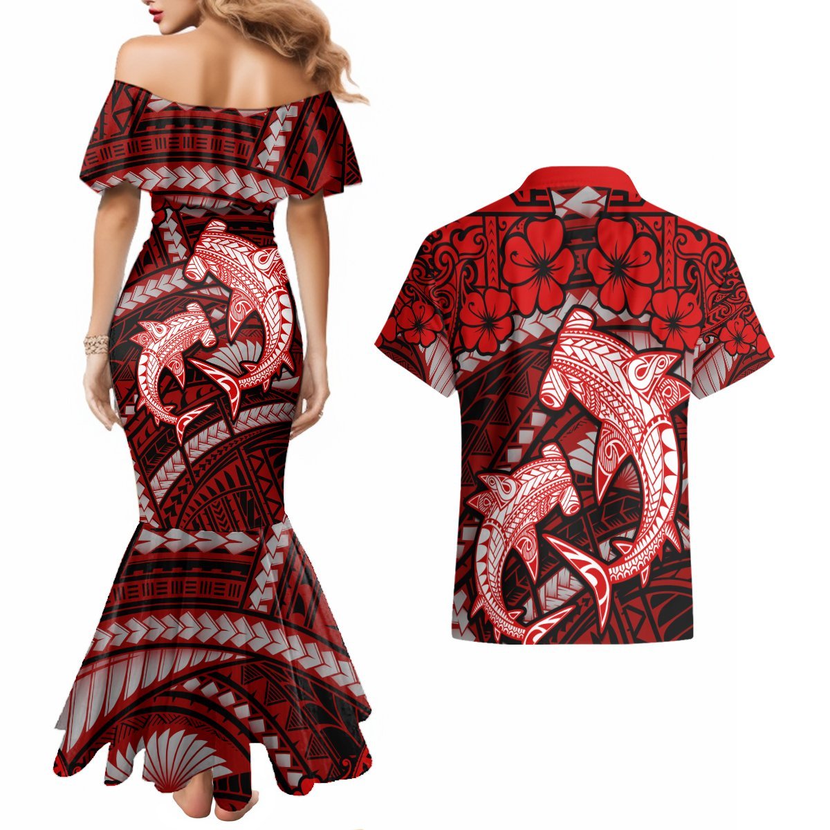Polynesian Shark Valentine Day Couples Matching Mermaid Dress and Hawaiian Shirt Hibiscus and Tribal Tattoo Red Style LT03 - Polynesian Pride