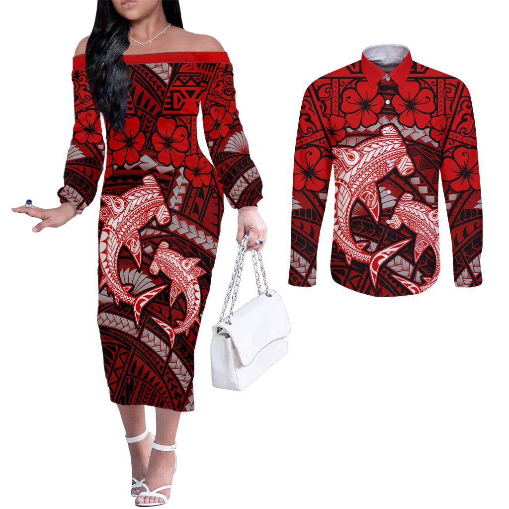 Polynesian Shark Valentine Day Couples Matching Off The Shoulder Long Sleeve Dress and Long Sleeve Button Shirt Hibiscus and Tribal Tattoo Red Style LT03 Red - Polynesian Pride