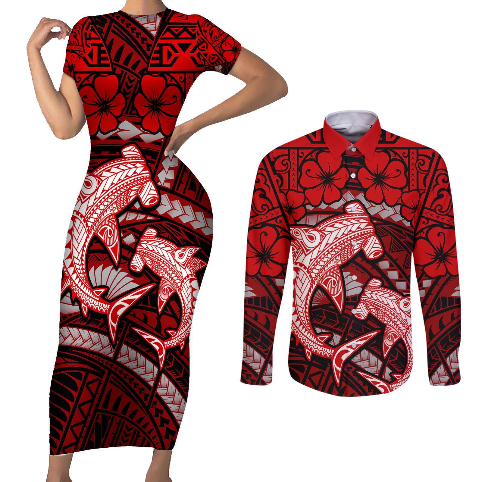 Polynesian Shark Valentine Day Couples Matching Short Sleeve Bodycon Dress and Long Sleeve Button Shirt Hibiscus and Tribal Tattoo Red Style LT03 Red - Polynesian Pride