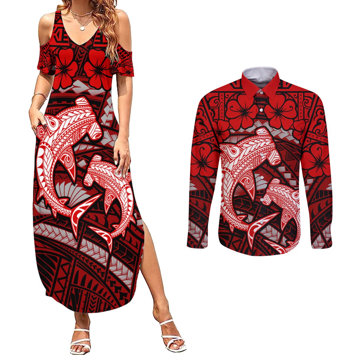 Polynesian Shark Valentine Day Couples Matching Summer Maxi Dress and Long Sleeve Button Shirt Hibiscus and Tribal Tattoo Red Style LT03 Red - Polynesian Pride