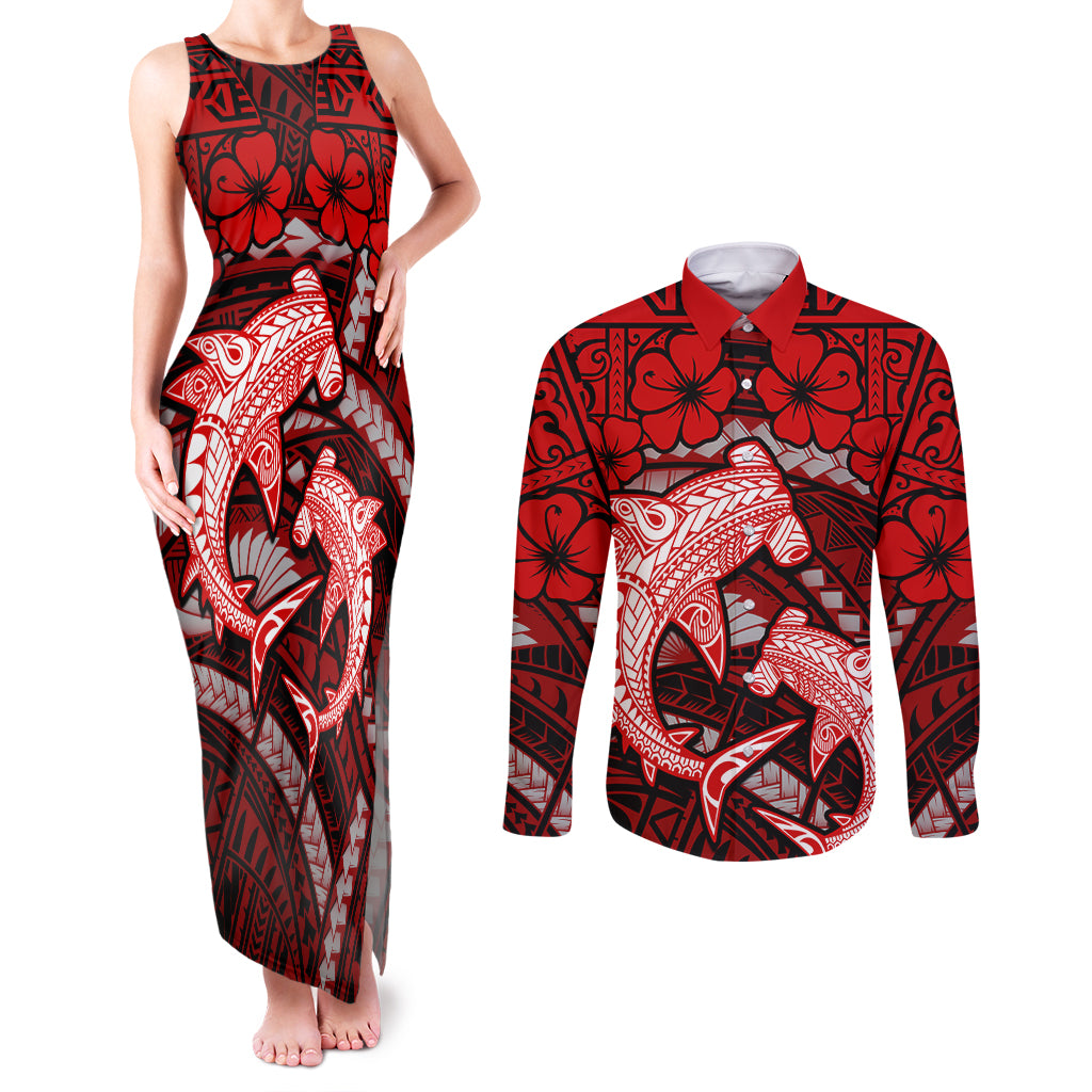 Polynesian Shark Valentine Day Couples Matching Tank Maxi Dress and Long Sleeve Button Shirt Hibiscus and Tribal Tattoo Red Style LT03 Red - Polynesian Pride
