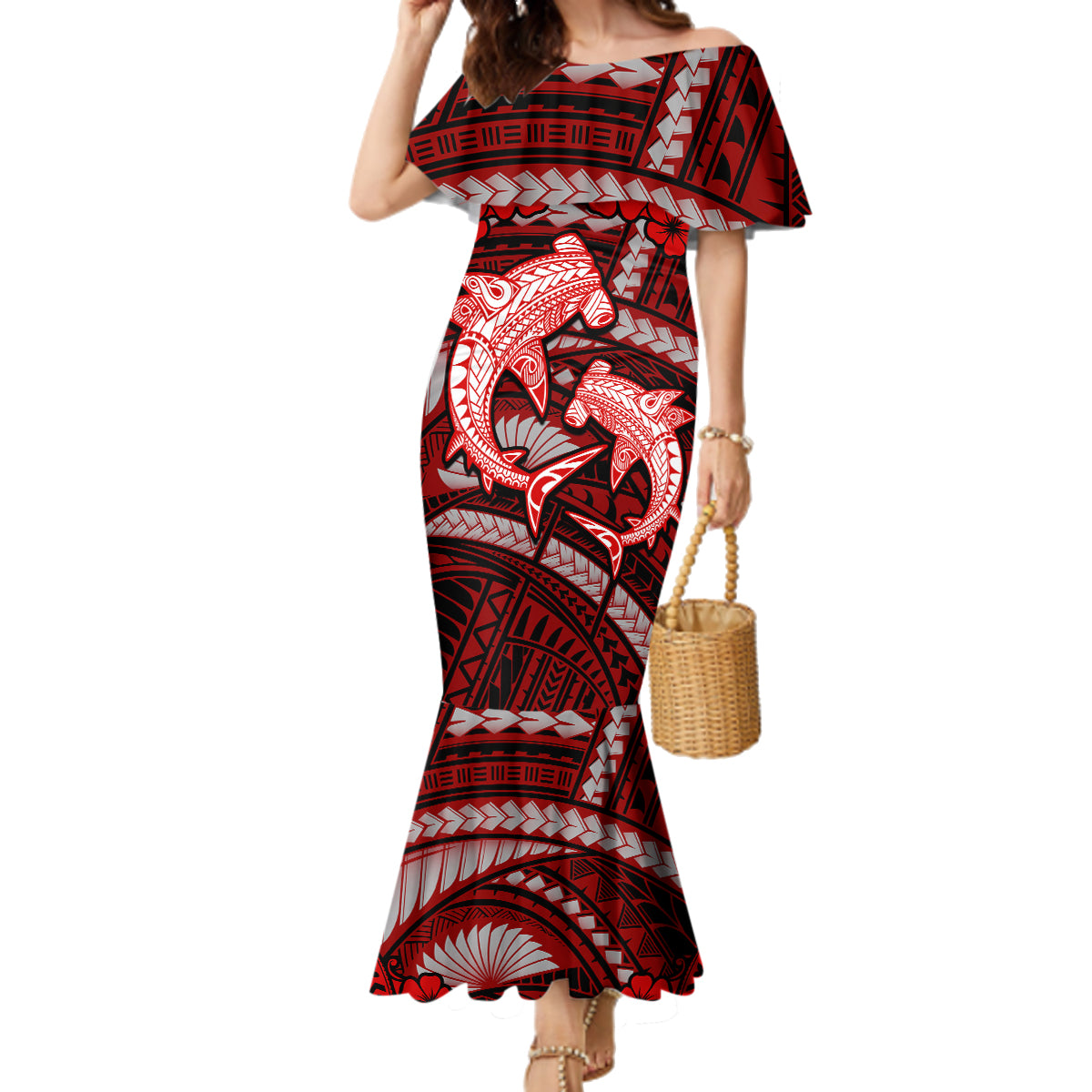 Polynesian Shark Valentine Day Family Matching Mermaid Dress and Hawaiian Shirt Hibiscus and Tribal Tattoo Red Style LT03 Mom's Dress Red - Polynesian Pride