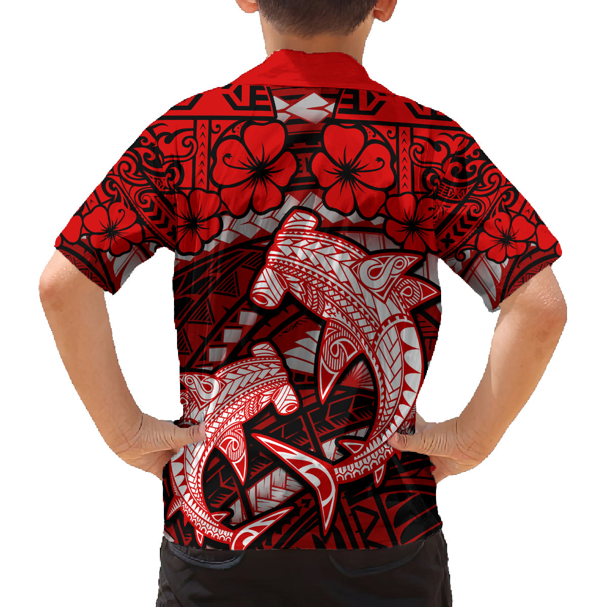 Polynesian Shark Valentine Day Family Matching Off Shoulder Short Dress and Hawaiian Shirt Hibiscus and Tribal Tattoo Red Style LT03 - Polynesian Pride