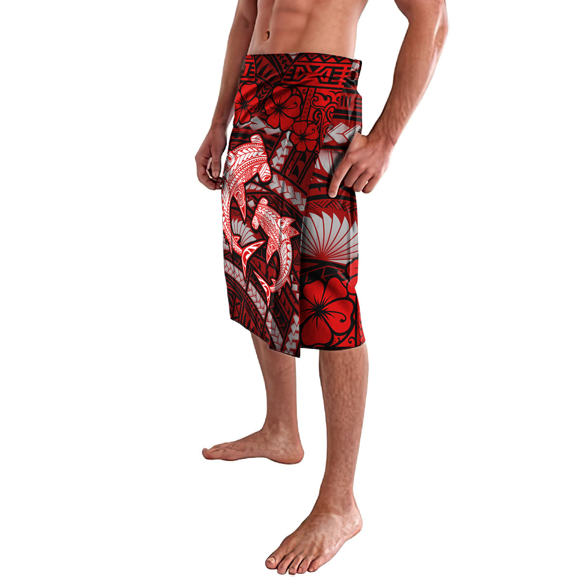 Polynesian Shark Valentine Day Lavalava Hibiscus and Tribal Tattoo Red Style LT03 - Polynesian Pride