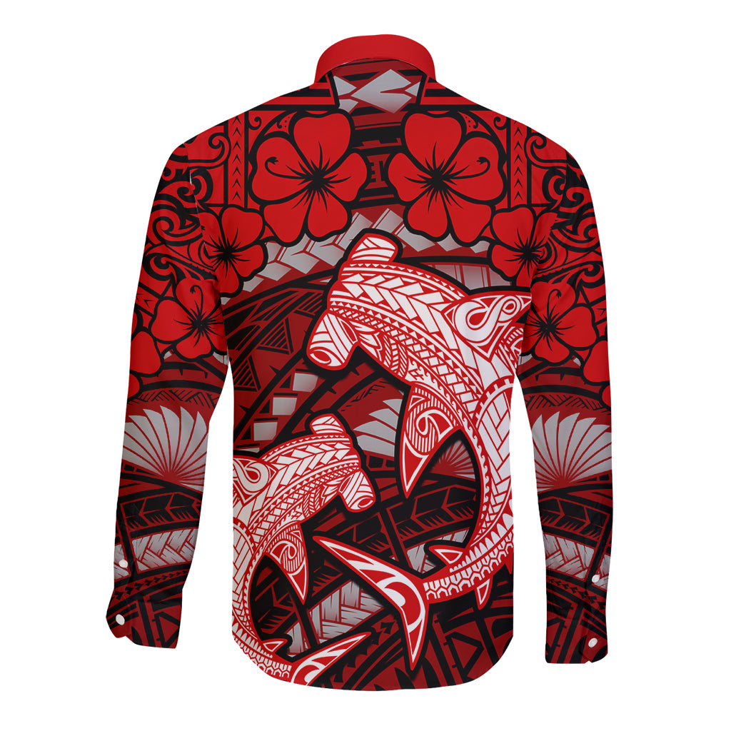Polynesian Shark Valentine Day Long Sleeve Button Shirt Hibiscus and Tribal Tattoo Red Style LT03 - Polynesian Pride