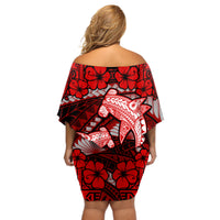 Polynesian Shark Valentine Day Off Shoulder Short Dress Hibiscus and Tribal Tattoo Red Style LT03 - Polynesian Pride