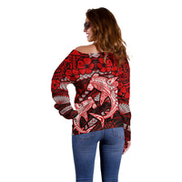 Polynesian Shark Valentine Day Off Shoulder Sweater Hibiscus and Tribal Tattoo Red Style LT03 - Polynesian Pride