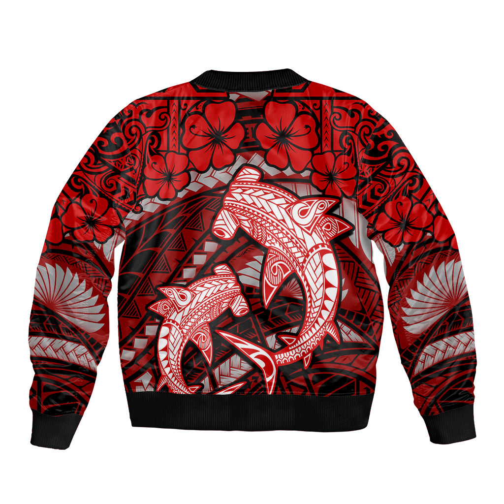 Polynesian Shark Valentine Day Sleeve Zip Bomber Jacket Hibiscus and Tribal Tattoo Red Style LT03 - Polynesian Pride