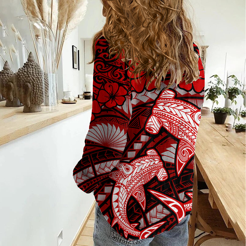 Polynesian Shark Valentine Day Women Casual Shirt Hibiscus and Tribal Tattoo Red Style LT03 - Polynesian Pride