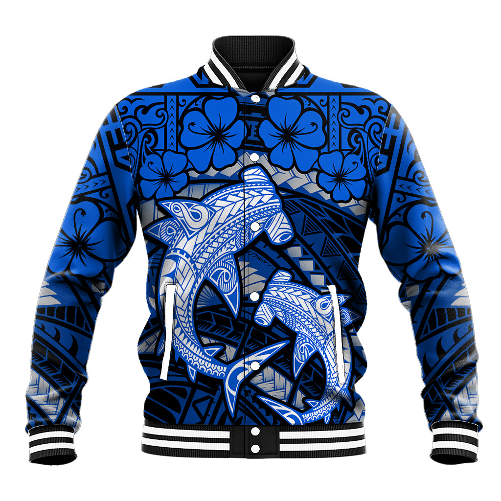 Polynesian Shark Valentine Day Baseball Jacket Hibiscus and Tribal Tattoo Blue Style LT03 Unisex Blue - Polynesian Pride