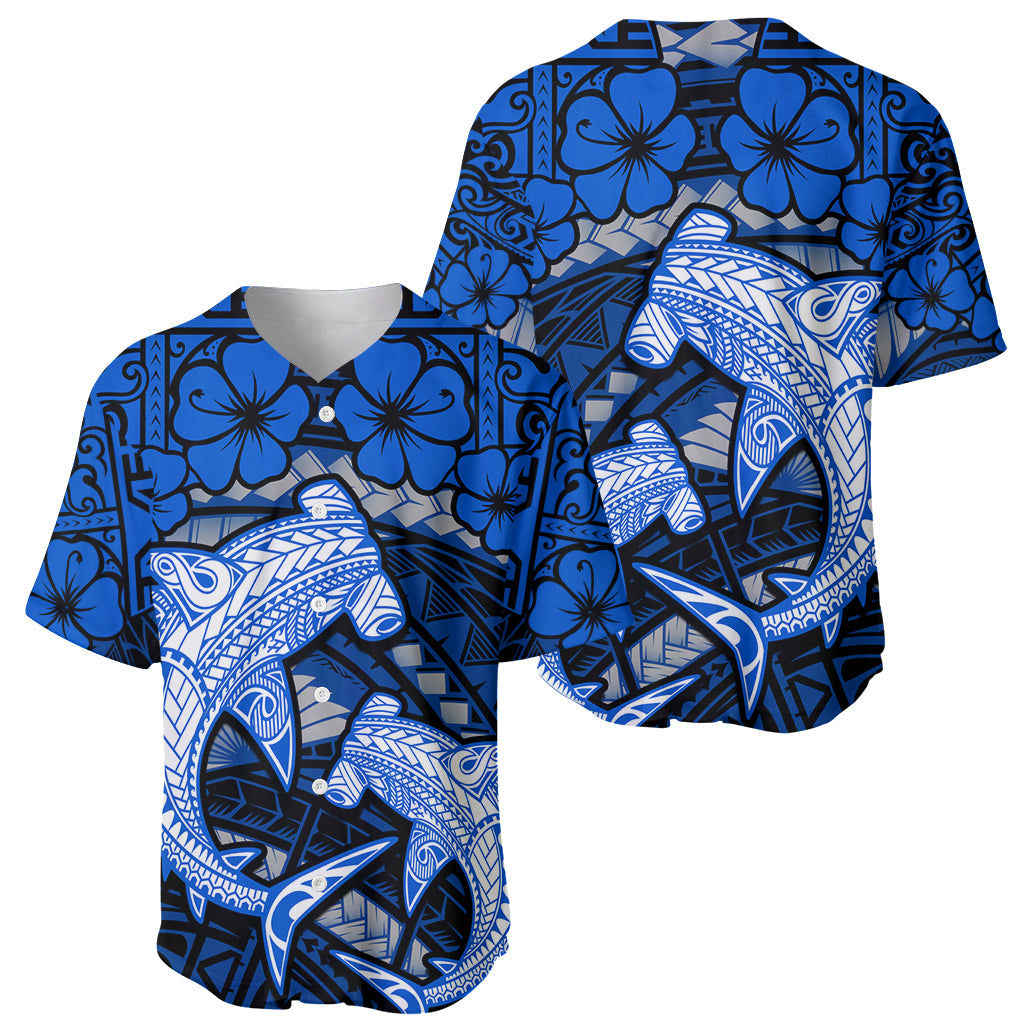 Polynesian Shark Valentine Day Baseball Jersey Hibiscus and Tribal Tattoo Blue Style LT03 - Polynesian Pride