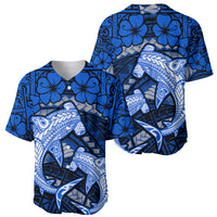 Polynesian Shark Valentine Day Baseball Jersey Hibiscus and Tribal Tattoo Blue Style LT03 - Polynesian Pride