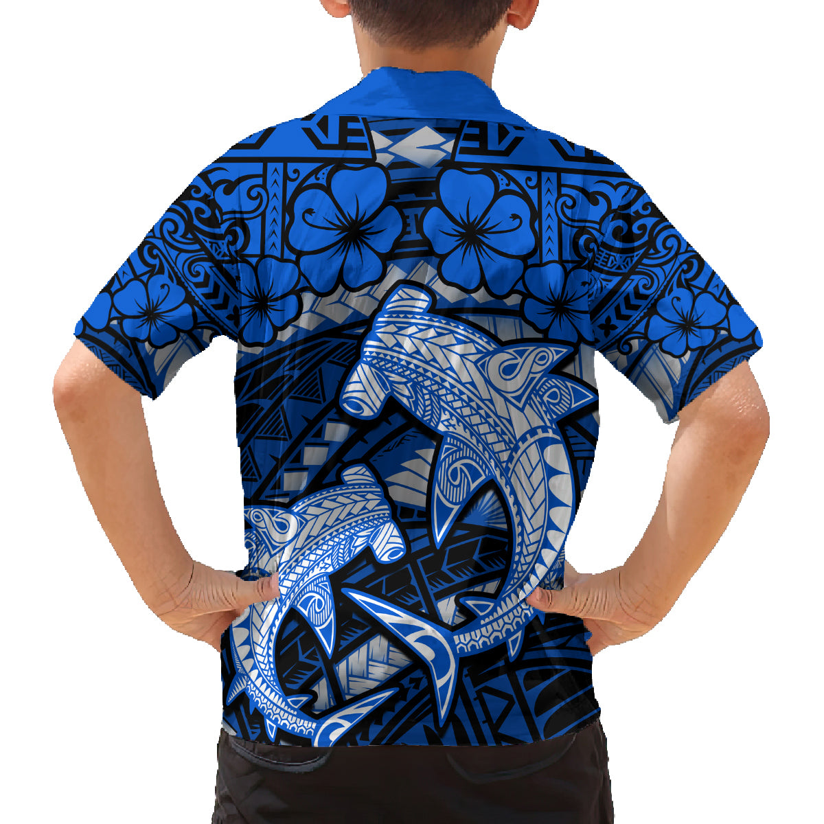 Polynesian Shark Valentine Day Family Matching Long Sleeve Bodycon Dress and Hawaiian Shirt Hibiscus and Tribal Tattoo Blue Style LT03 - Polynesian Pride