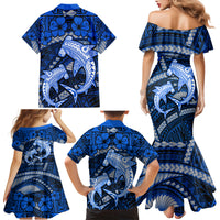 Polynesian Shark Valentine Day Family Matching Mermaid Dress and Hawaiian Shirt Hibiscus and Tribal Tattoo Blue Style LT03 - Polynesian Pride