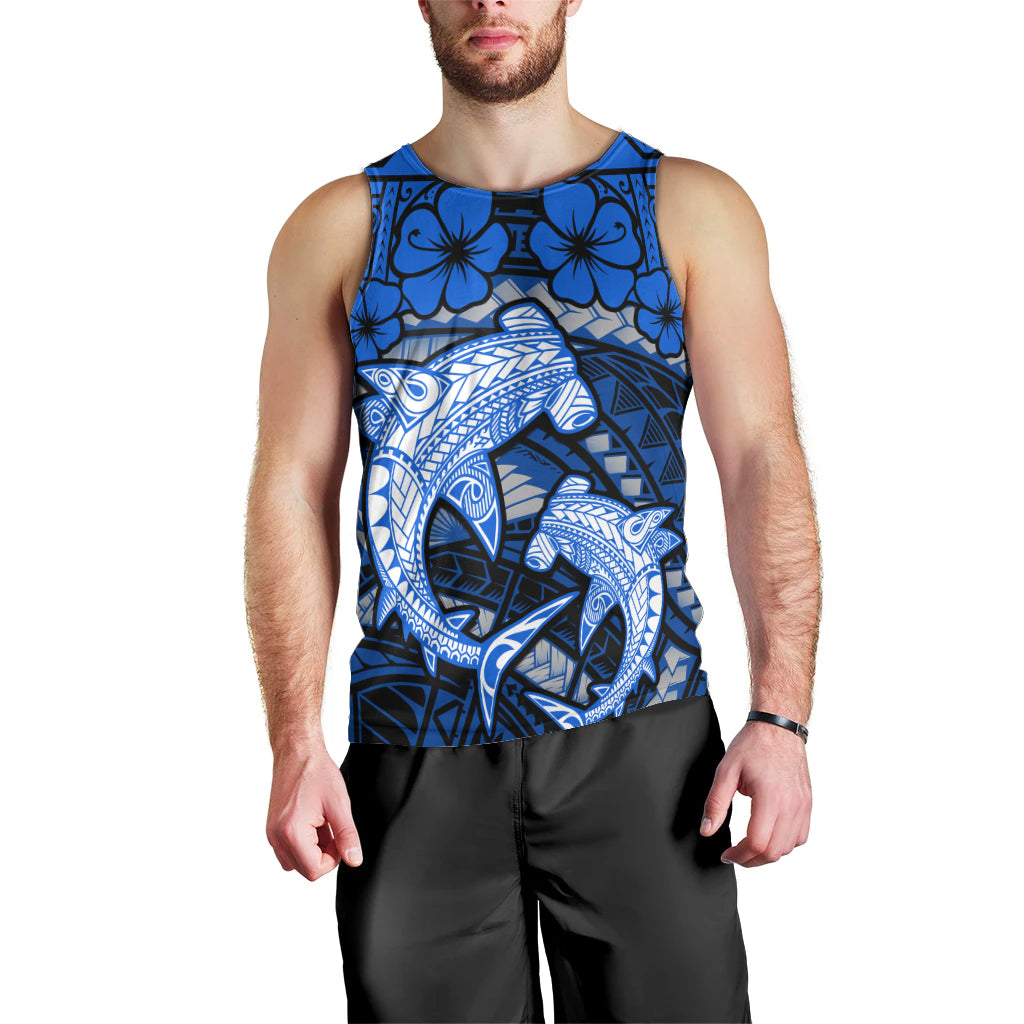 Polynesian Shark Valentine Day Men Tank Top Hibiscus and Tribal Tattoo Blue Style LT03 - Polynesian Pride