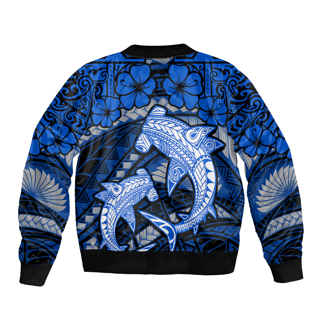 Polynesian Shark Valentine Day Sleeve Zip Bomber Jacket Hibiscus and Tribal Tattoo Blue Style LT03 - Polynesian Pride