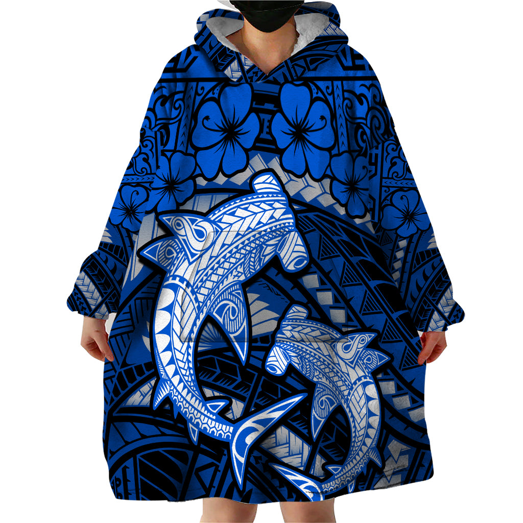 Polynesian Shark Valentine Day Wearable Blanket Hoodie Hibiscus and Tribal Tattoo Blue Style LT03 - Polynesian Pride