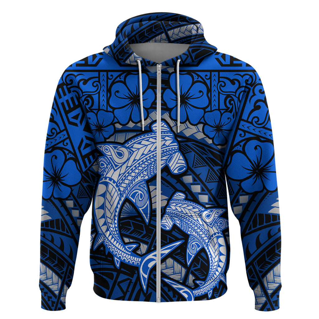 Polynesian Shark Valentine Day Zip Hoodie Hibiscus and Tribal Tattoo Blue Style LT03 Zip Hoodie Blue - Polynesian Pride