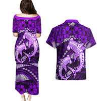 Polynesian Shark Valentine Day Couples Matching Puletasi and Hawaiian Shirt Hibiscus and Tribal Tattoo Purple Style LT03 - Polynesian Pride