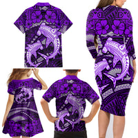 Polynesian Shark Valentine Day Family Matching Long Sleeve Bodycon Dress and Hawaiian Shirt Hibiscus and Tribal Tattoo Purple Style LT03 - Polynesian Pride